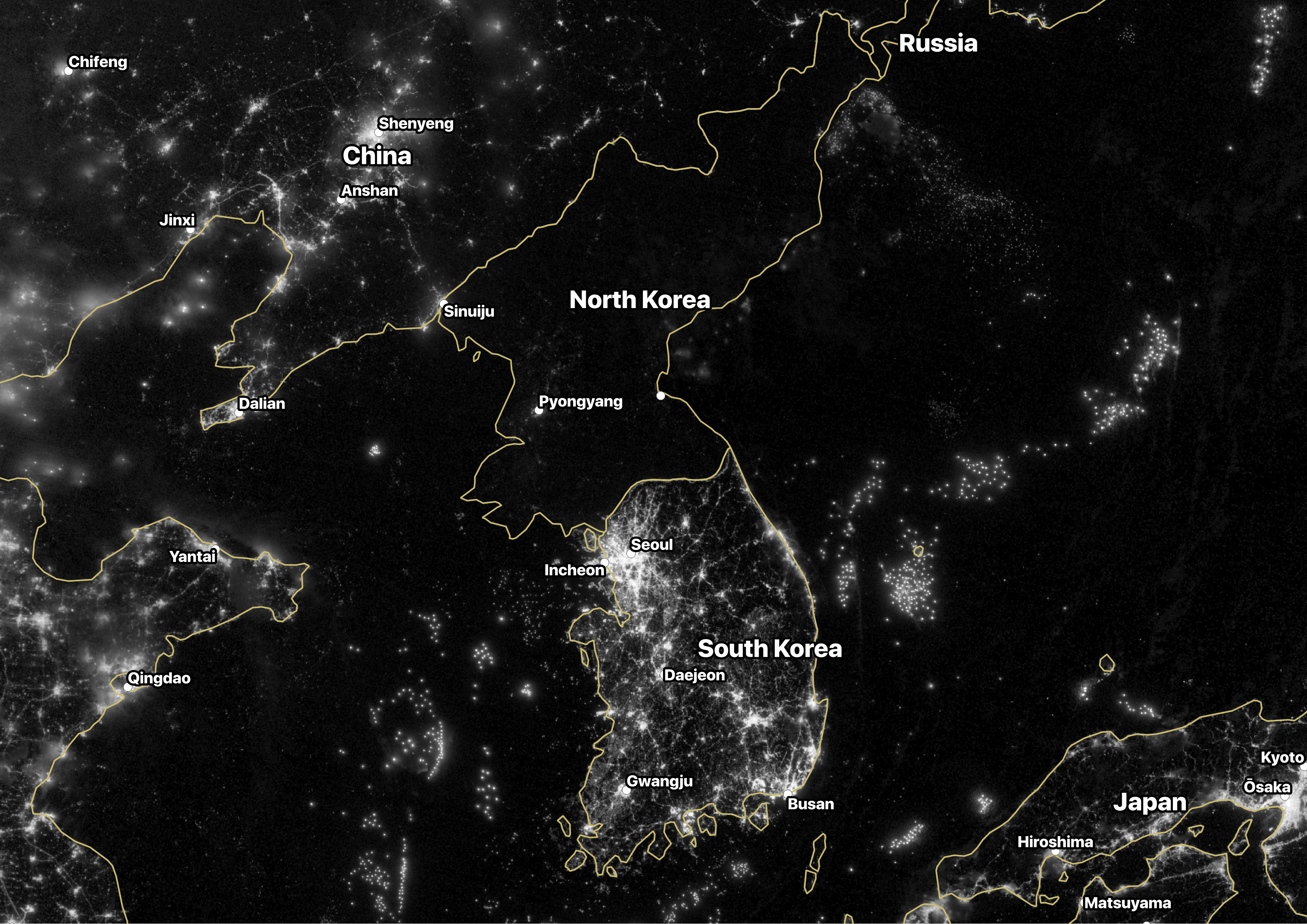 Nighttime view of the Korean Peninsula, captured by NASA’s Suomi NPP satellite (September 24, 2012).
